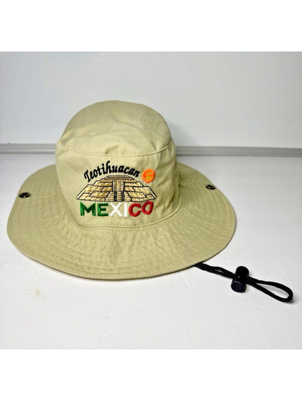 Teotihuacan Mexico Bucket Hat Kakhi Bonnie Safari Pyramid Embroidered Strap